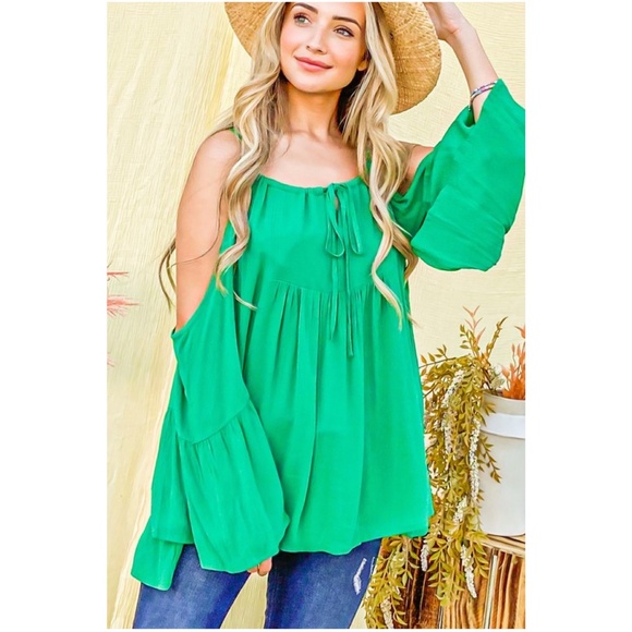 08 Boho Green Cold Shoulder Loose Fit Blouse - Picture 2 of 5